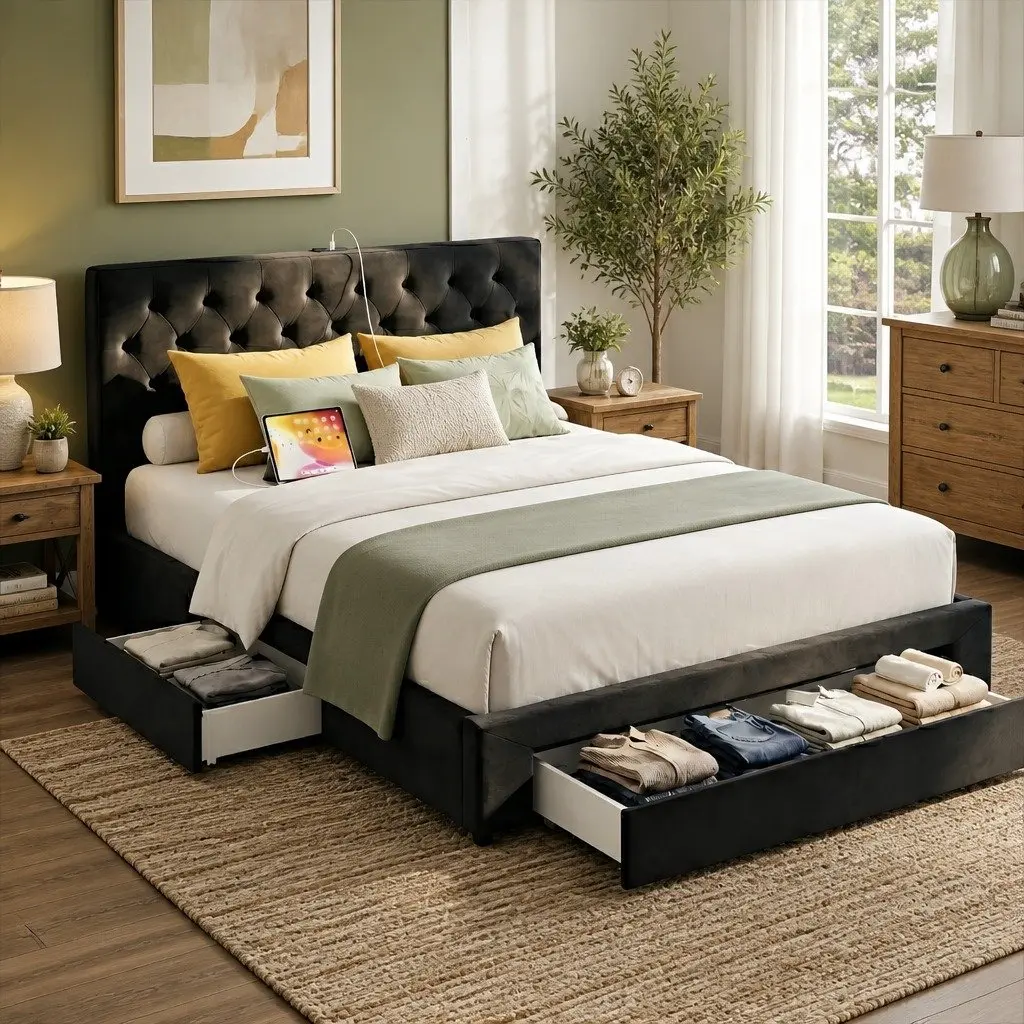 Double Bed Frame with Storage Drawers Charging Station Upholstered Black