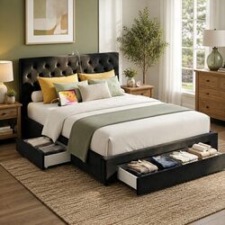Double Bed Frame with Storage Drawers Charging Station Upholstered Black