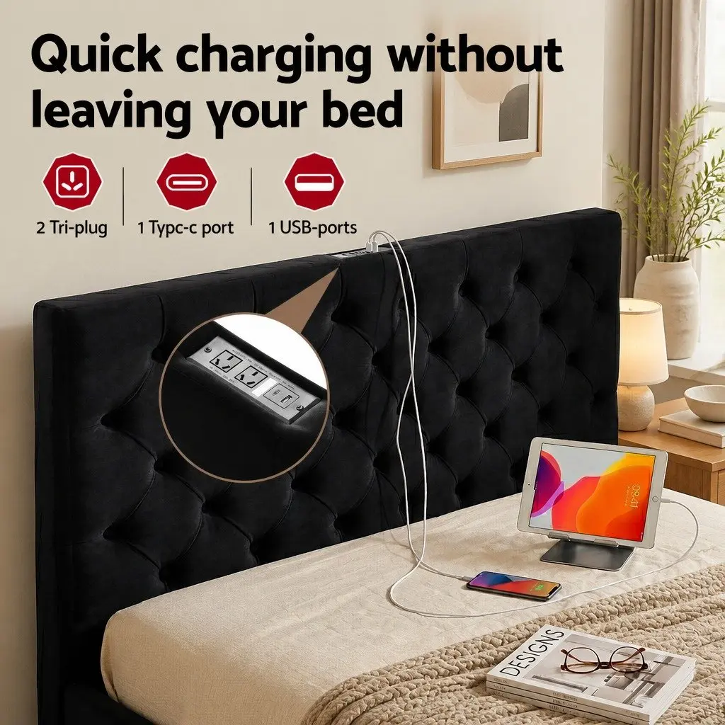Double Bed Frame with Storage Drawers Charging Station Upholstered Black