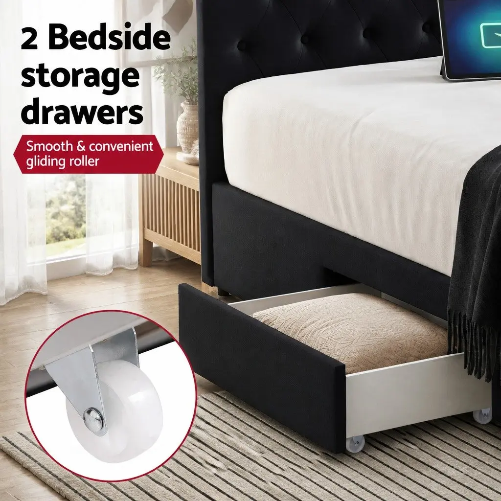 Double Bed Frame with Storage Drawers Charging Station Upholstered Black
