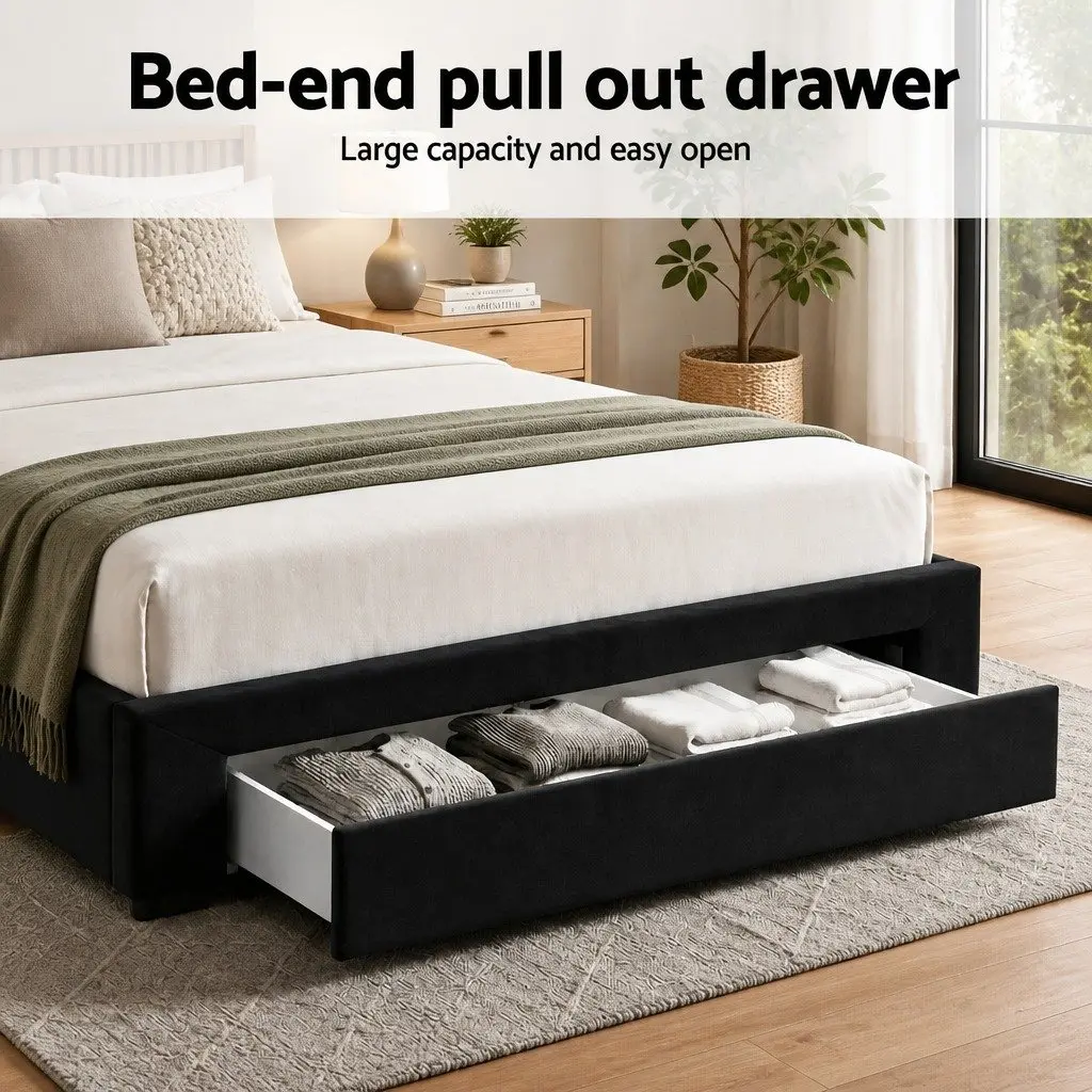 Double Bed Frame with Storage Drawers Charging Station Upholstered Black