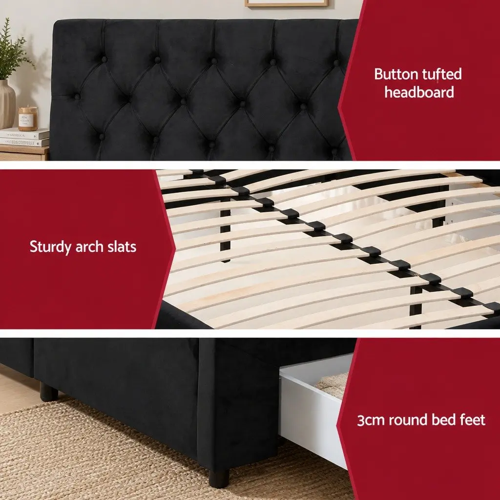 Double Bed Frame with Storage Drawers Charging Station Upholstered Black
