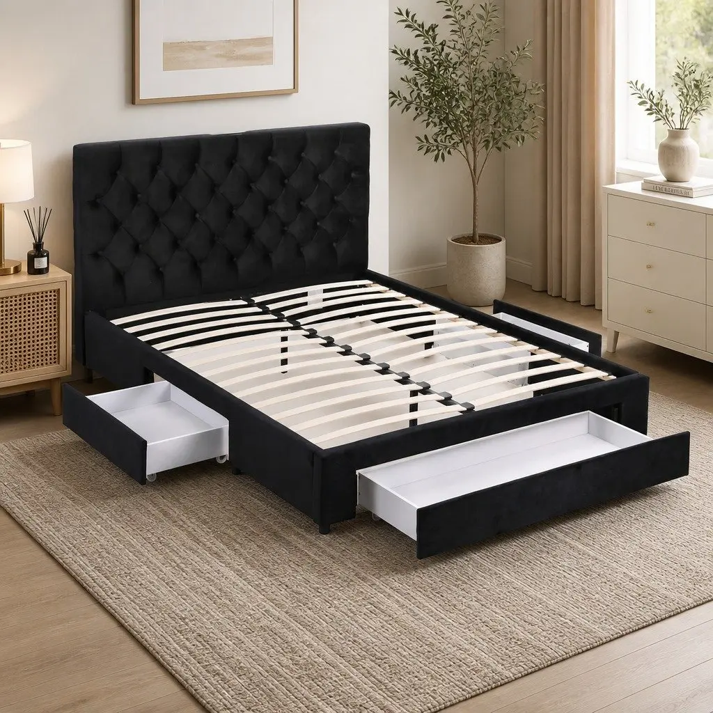 Double Bed Frame with Storage Drawers Charging Station Upholstered Black