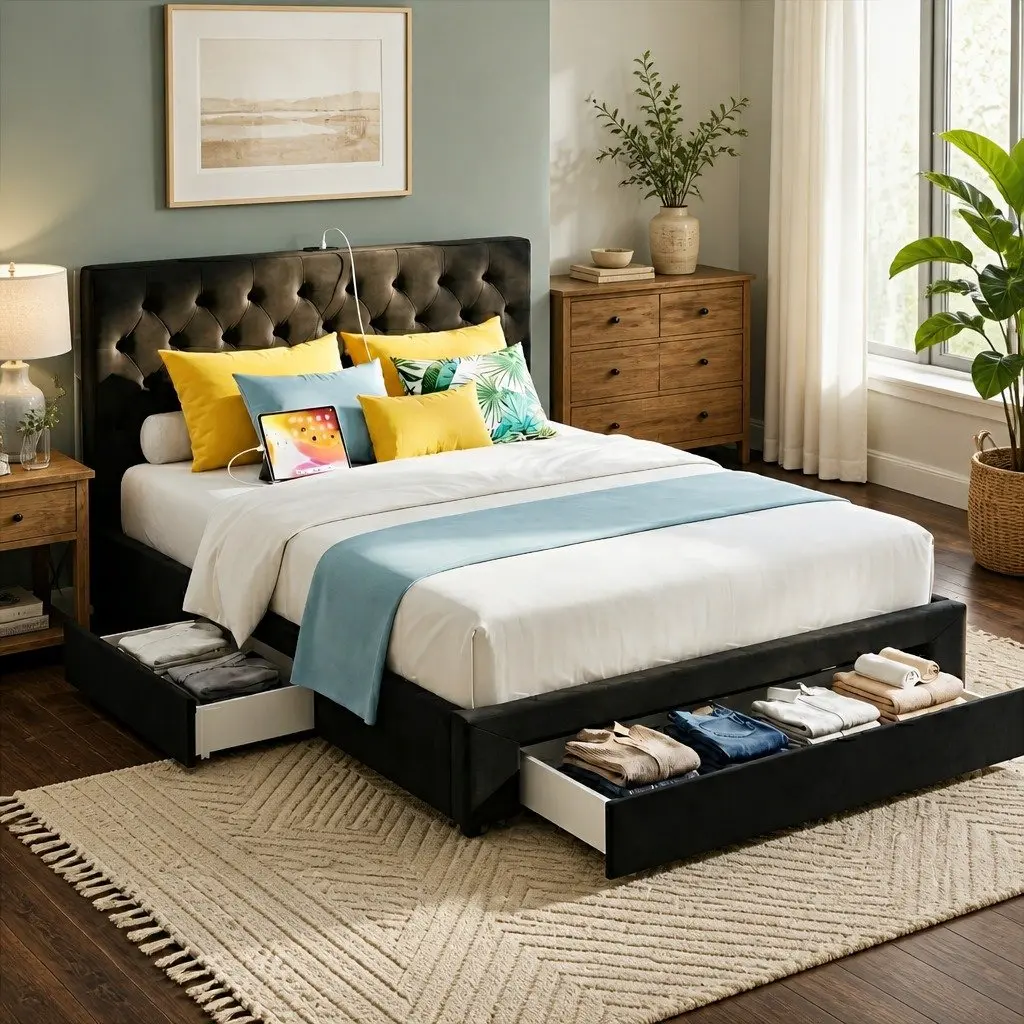 King Bed Frame with Integrated Charging & Storage