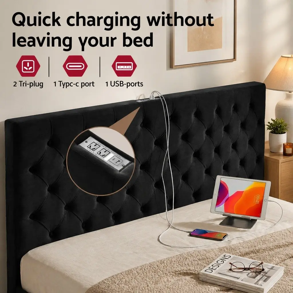 King Bed Frame with Integrated Charging & Storage