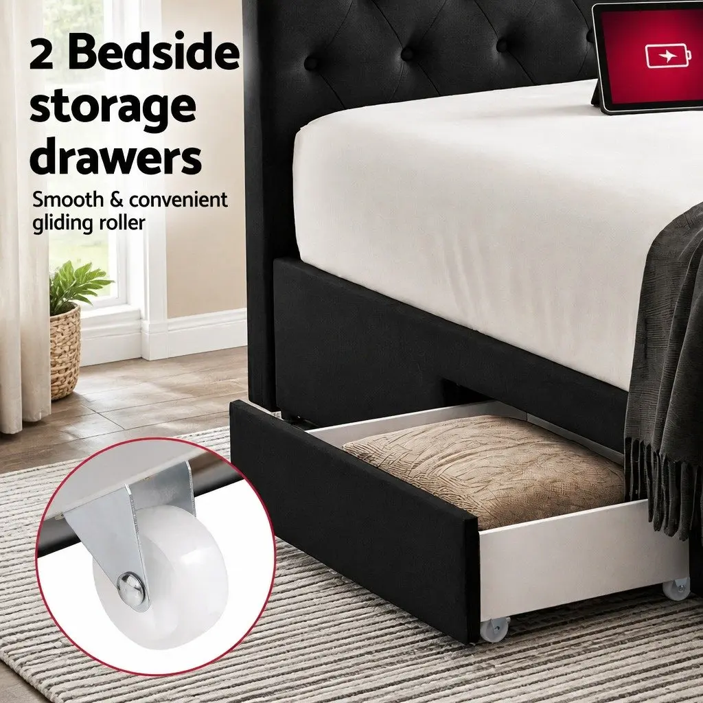 King Bed Frame with Integrated Charging & Storage