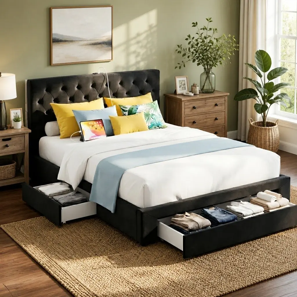 Upholstered Bed Frame Queen Size with Charging Station and Storage Drawers in Black