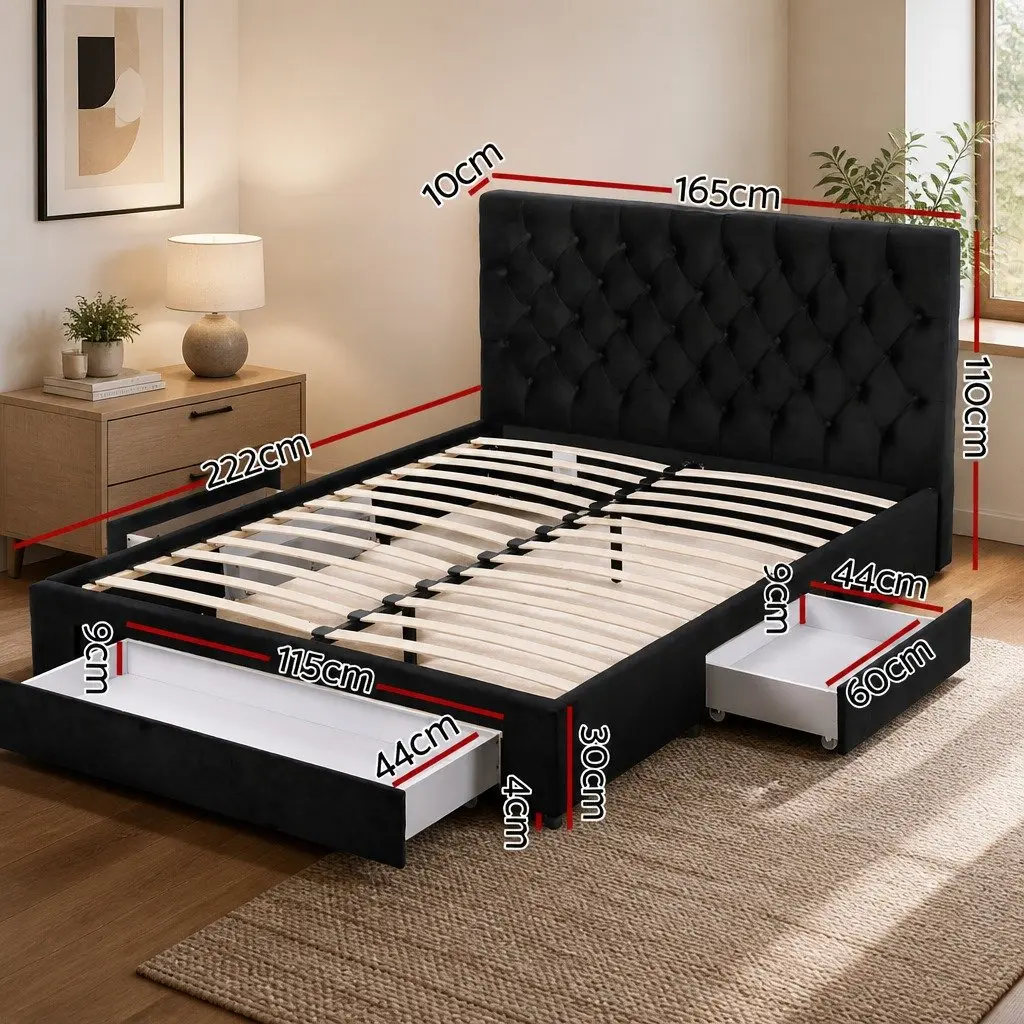 Upholstered Bed Frame Queen Size with Charging Station and Storage Drawers in Black
