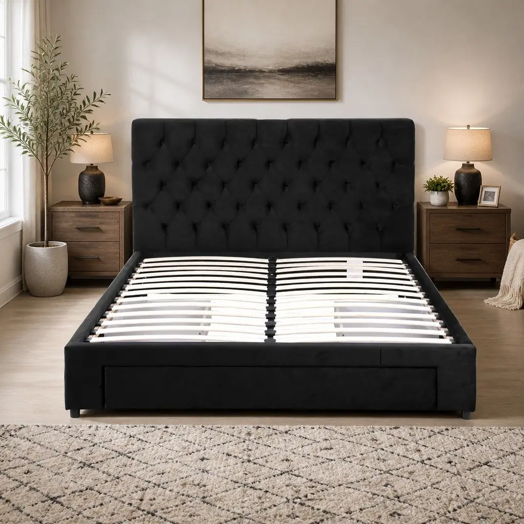 Upholstered Bed Frame Queen Size with Charging Station and Storage Drawers in Black