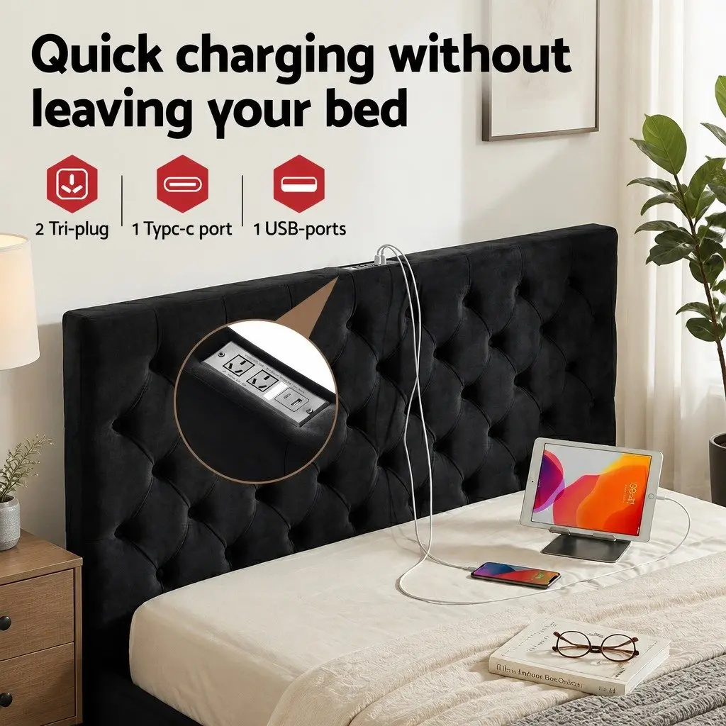 Upholstered Bed Frame Queen Size with Charging Station and Storage Drawers in Black