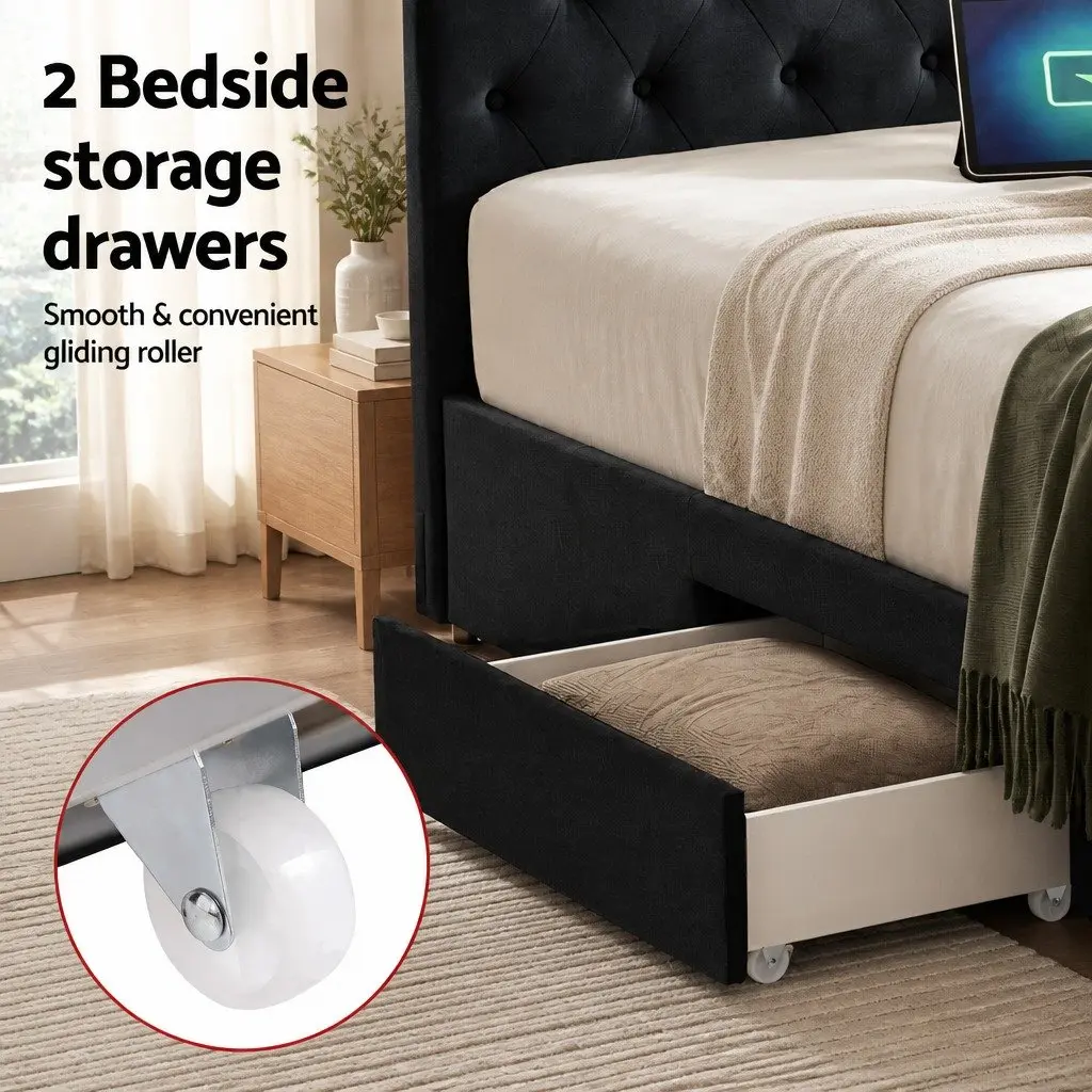 Upholstered Bed Frame Queen Size with Charging Station and Storage Drawers in Black