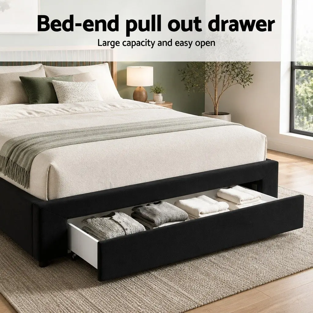 Upholstered Bed Frame Queen Size with Charging Station and Storage Drawers in Black