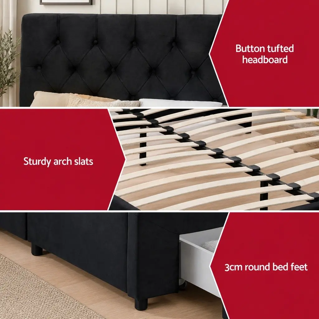 Upholstered Bed Frame Queen Size with Charging Station and Storage Drawers in Black