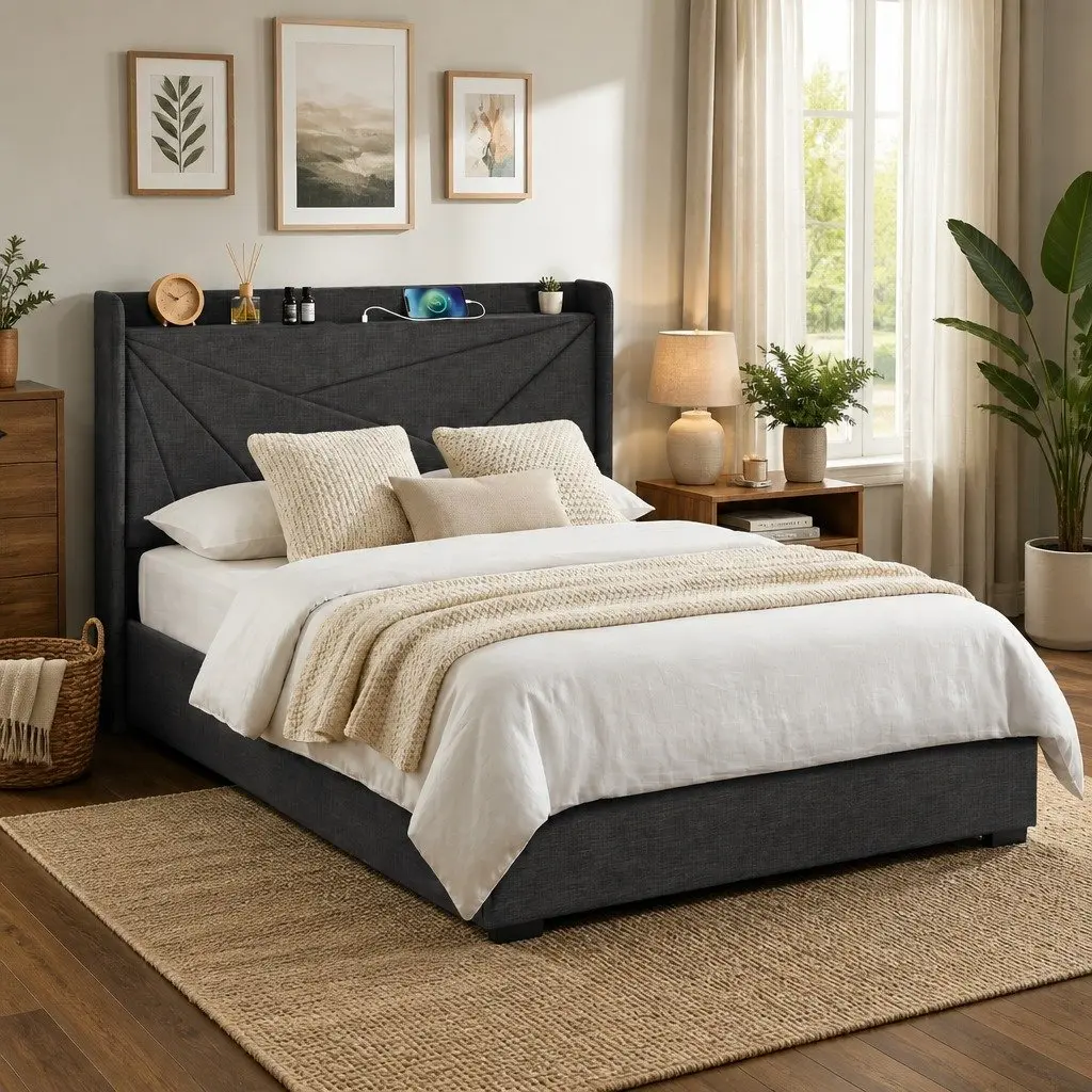 Double Bed Frame with Storage and Charging