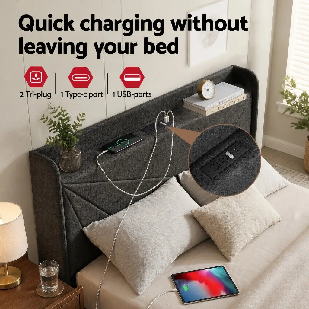 Double Bed Frame with Storage and Charging