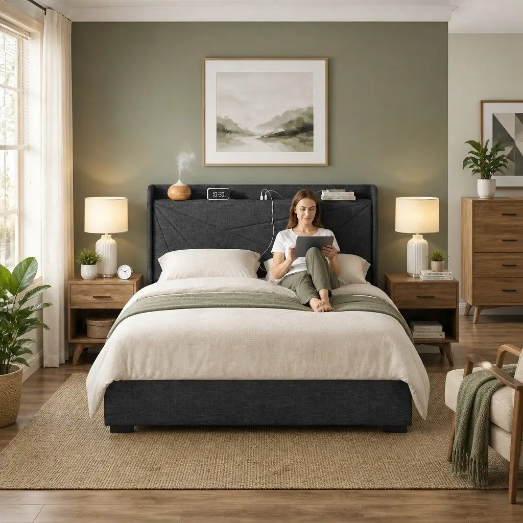 Double Bed Frame with Storage and Charging