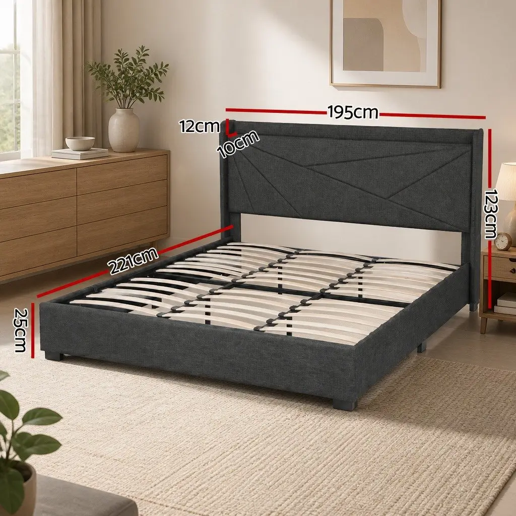 King Bed Frame Gas Lift Storage Upholstered Headboard Charging Ports Bedroom
