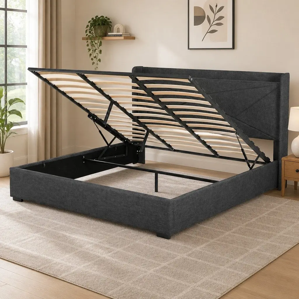King Bed Frame Gas Lift Storage Upholstered Headboard Charging Ports Bedroom