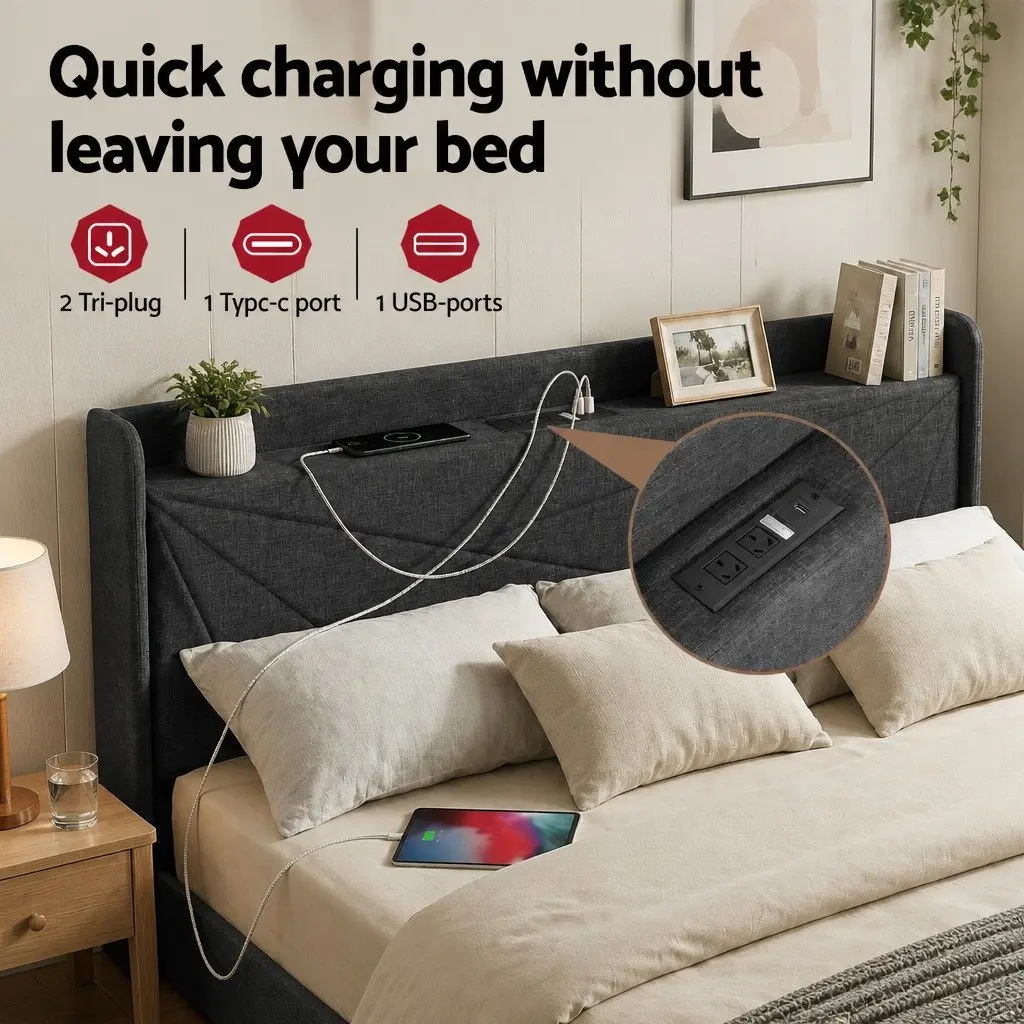 King Bed Frame Gas Lift Storage Upholstered Headboard Charging Ports Bedroom