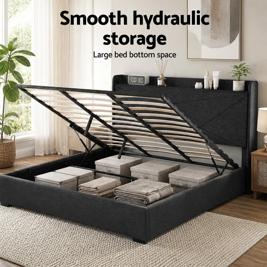 King Bed Frame Gas Lift Storage Upholstered Headboard Charging Ports Bedroom