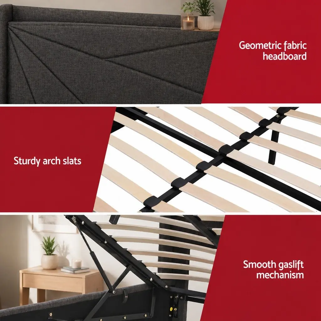 King Bed Frame Gas Lift Storage Upholstered Headboard Charging Ports Bedroom