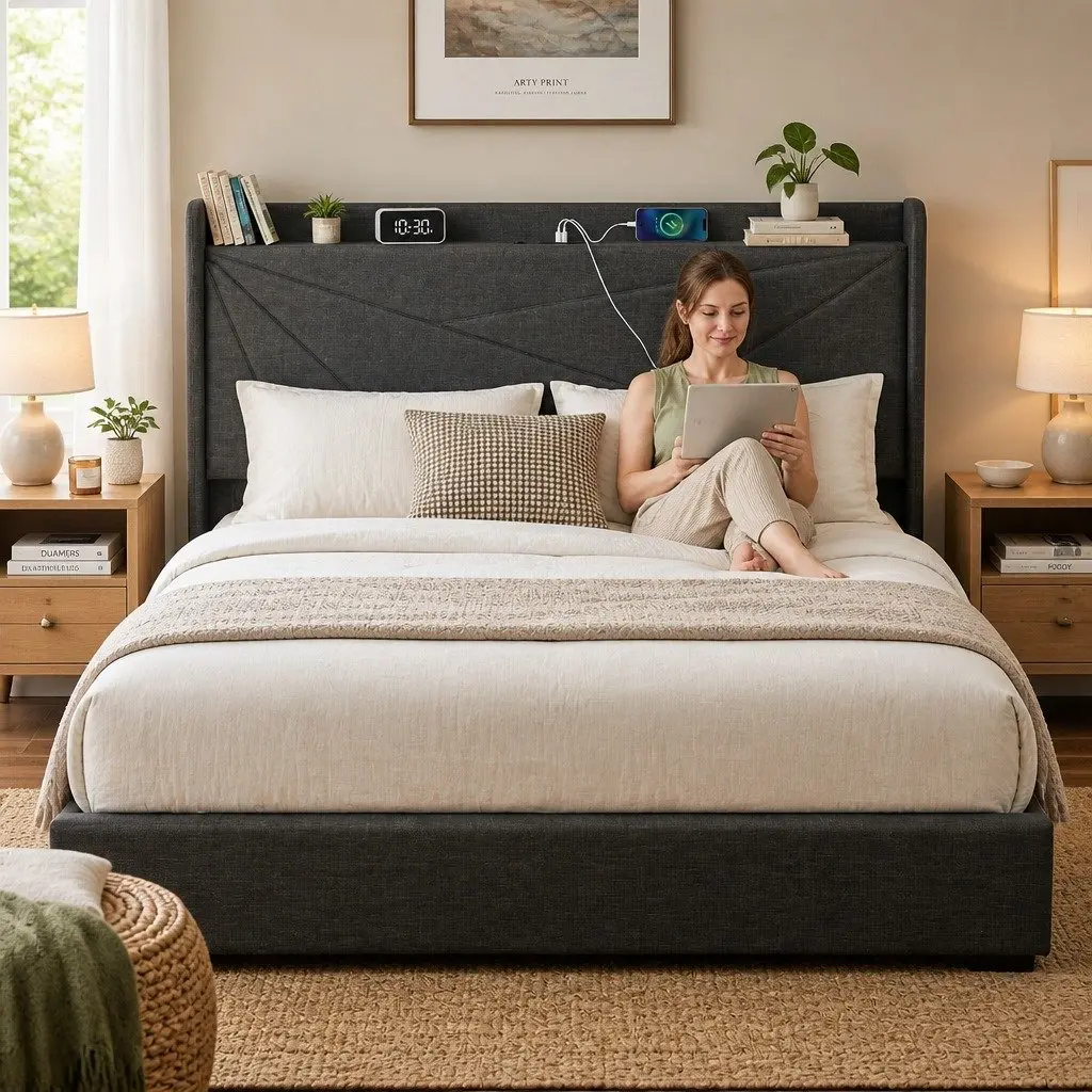 King Bed Frame Gas Lift Storage Upholstered Headboard Charging Ports Bedroom