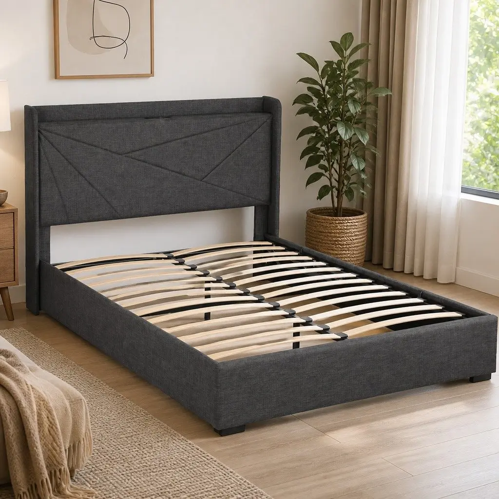 Queen Bed Frame with Gas Lift Storage Charging Ports Upholstered Geometric