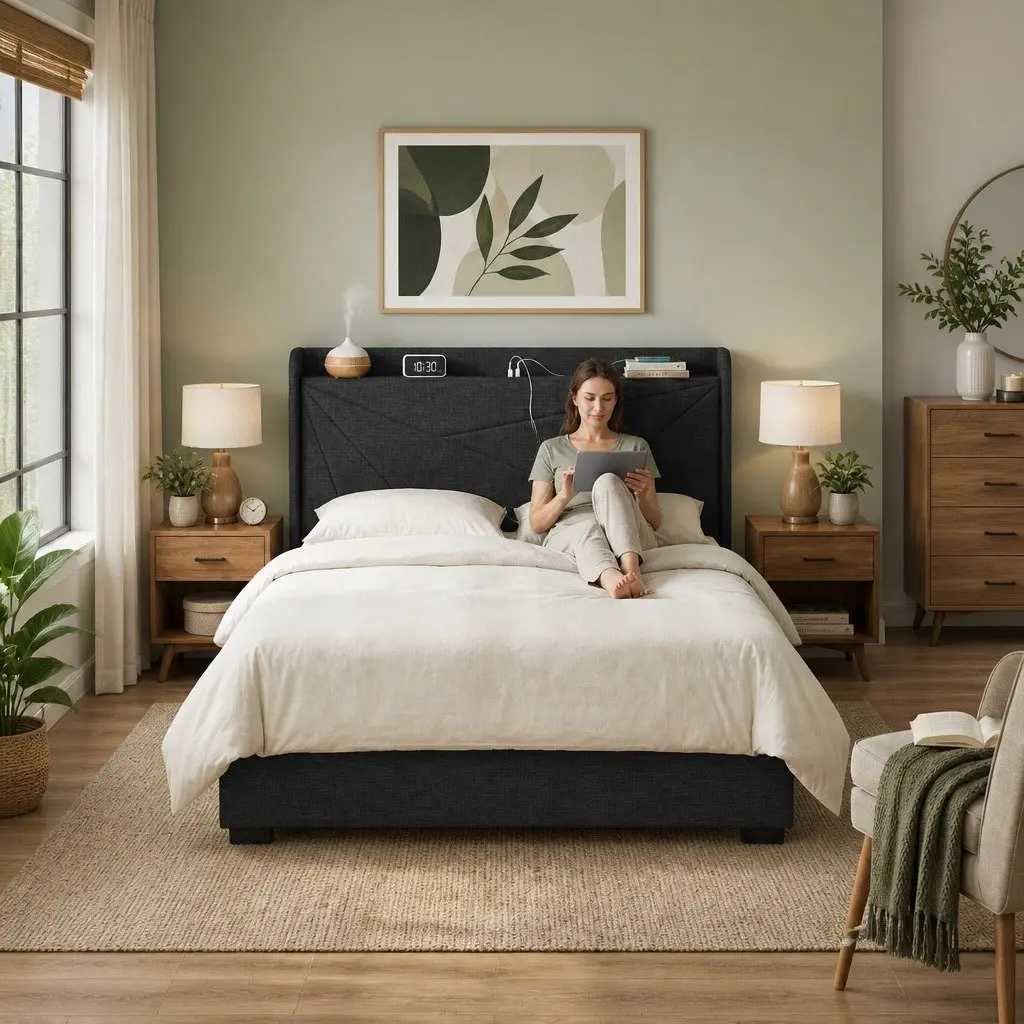 Queen Bed Frame with Gas Lift Storage Charging Ports Upholstered Geometric