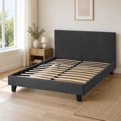Double Bed Frame Charcoal Upholstered Padded Wooden Slat Base Modern Design