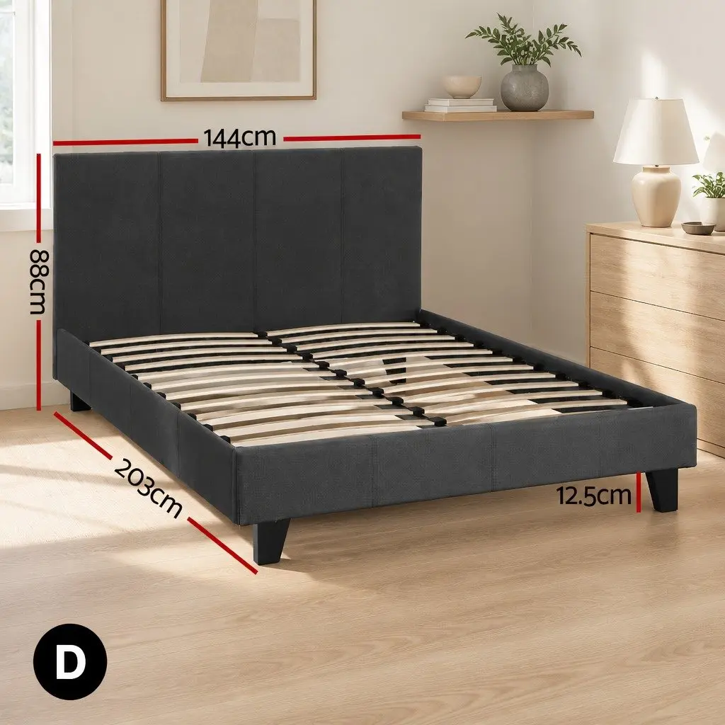 Double Bed Frame Charcoal Upholstered Padded Wooden Slat Base Modern Design