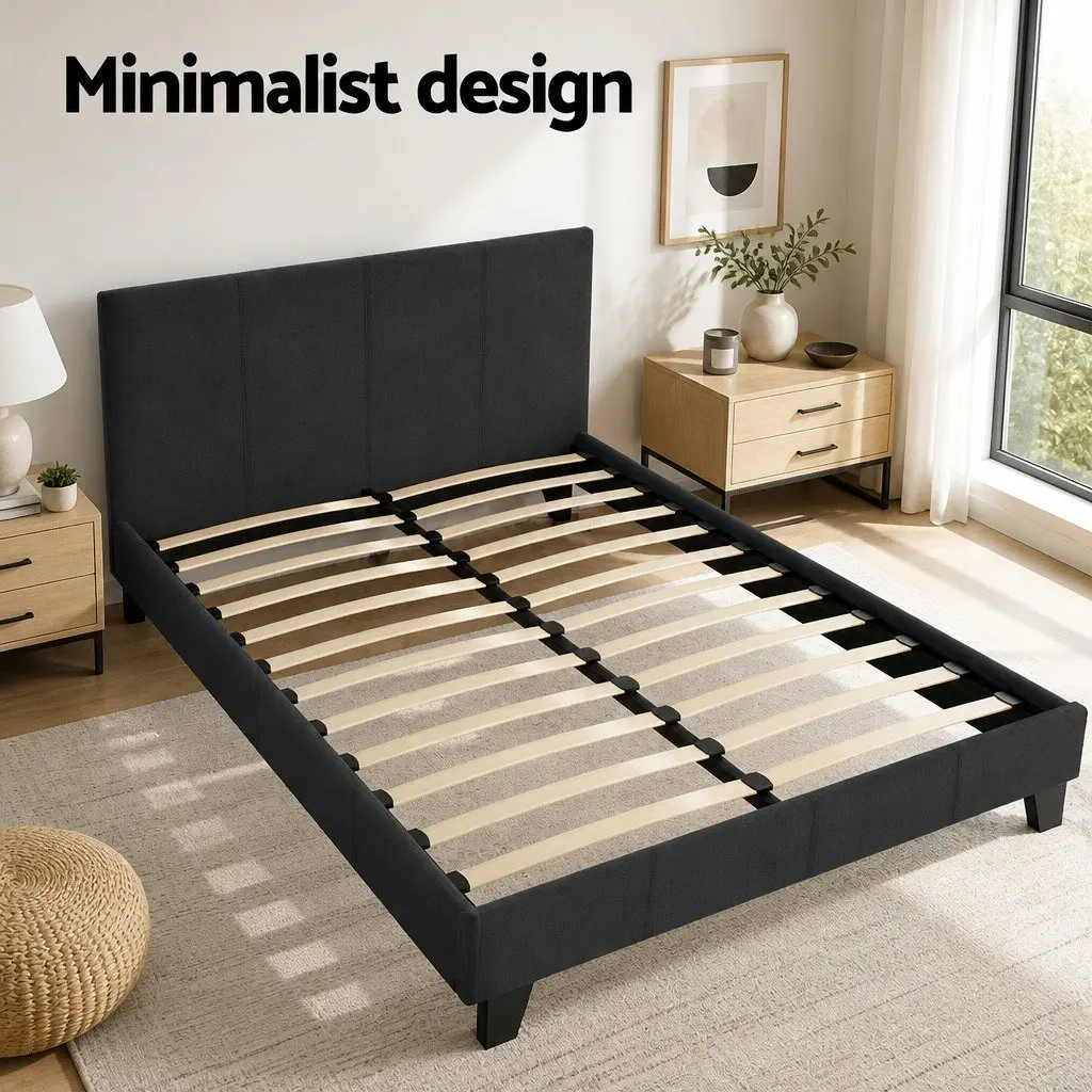 Double Bed Frame Charcoal Upholstered Padded Wooden Slat Base Modern Design