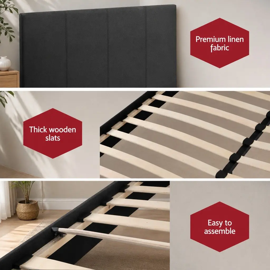 Double Bed Frame Charcoal Upholstered Padded Wooden Slat Base Modern Design