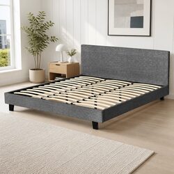 King Size Bed Frame Grey Upholstered Padded Headboard Wood Slat Base Modern