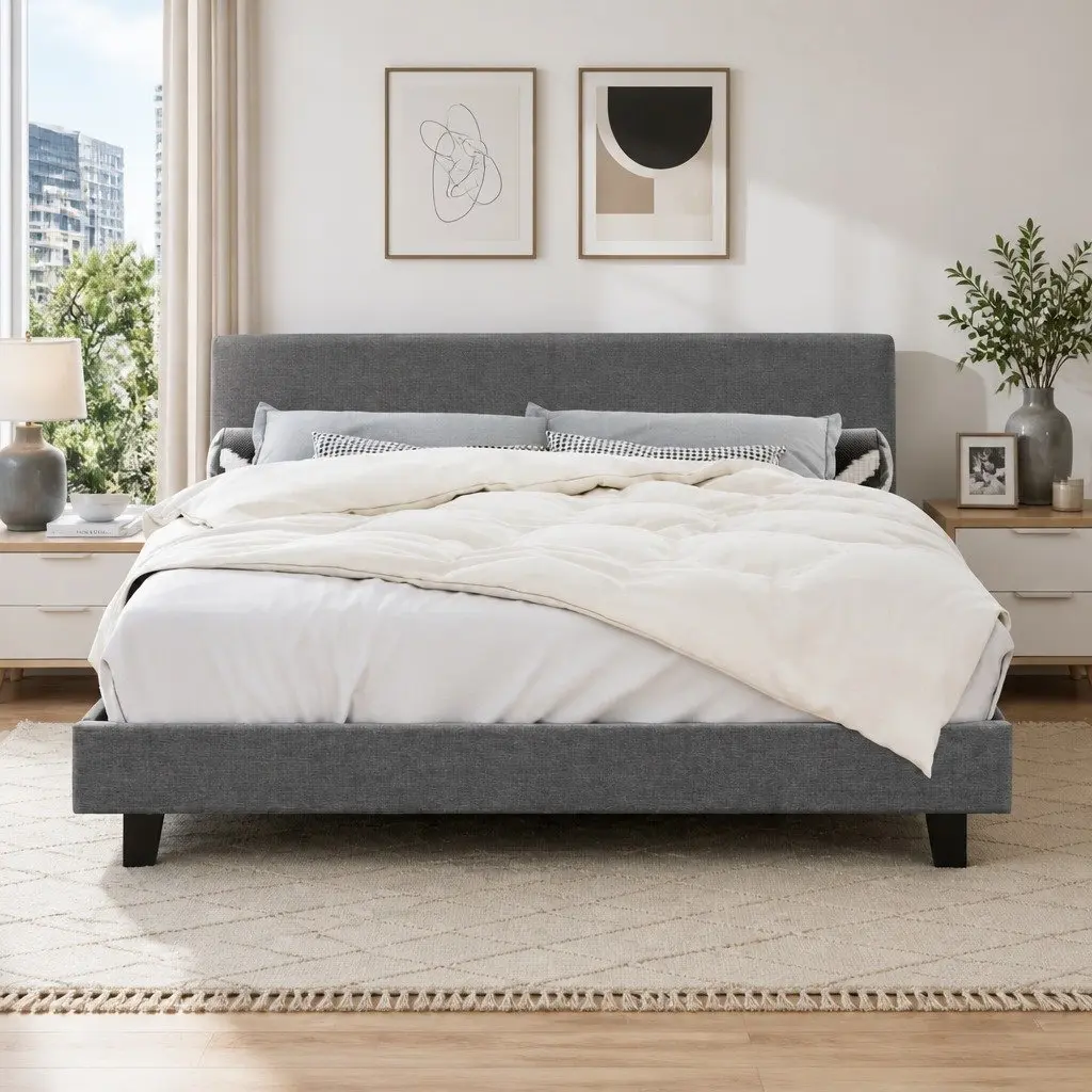 King Size Bed Frame Grey Upholstered Padded Headboard Wood Slat Base Modern