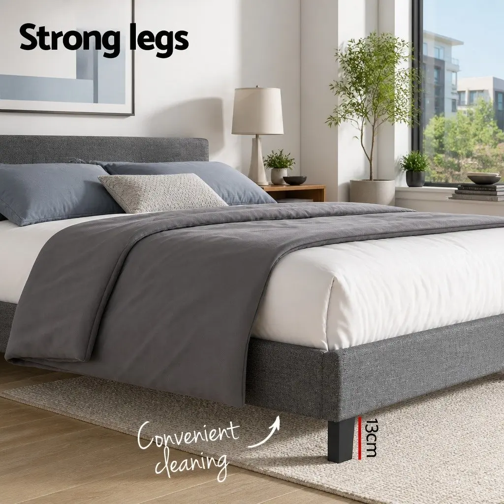 King Size Bed Frame Grey Upholstered Padded Headboard Wood Slat Base Modern