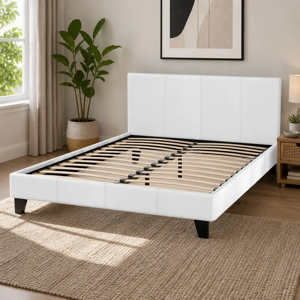 Queen Size Bed Frame White Upholstered Wooden Slat Base Metal Connectors