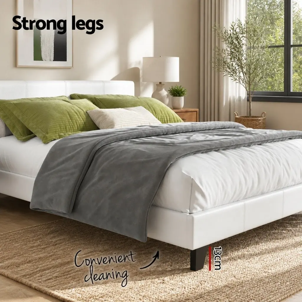 Queen Size Bed Frame White Upholstered Wooden Slat Base Metal Connectors