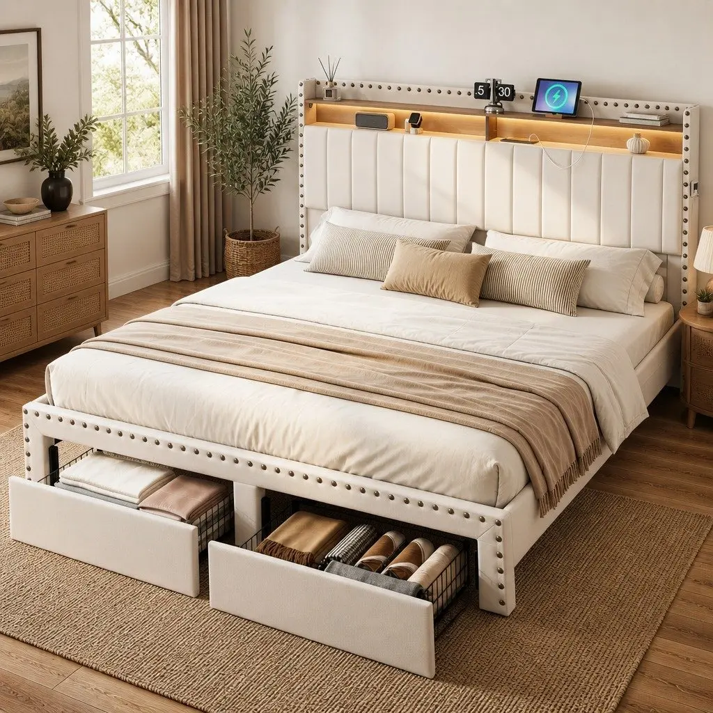 King Upholstered Bed Frame with Storage Options