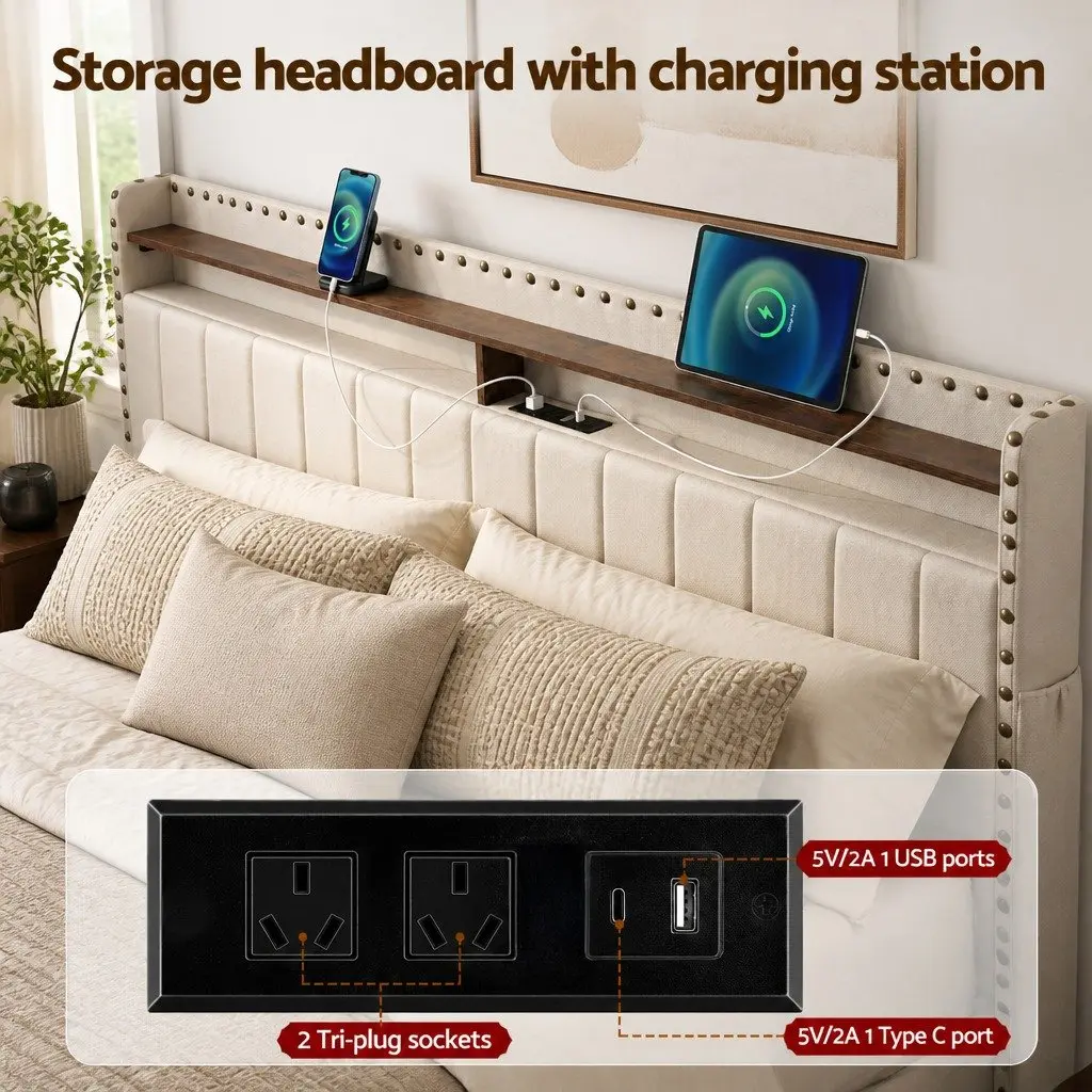 King Upholstered Bed Frame with Storage Options
