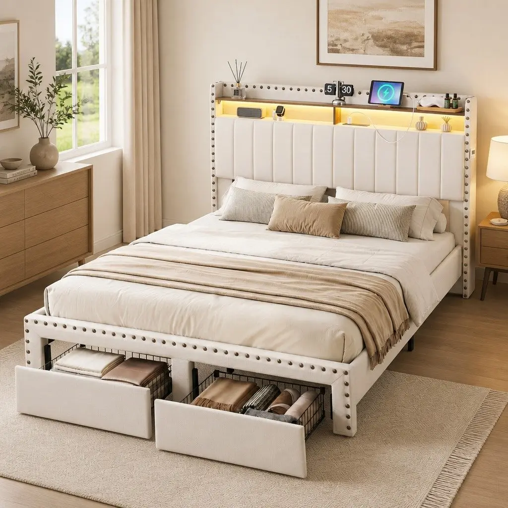 King Upholstered Bed Frame with Storage Options
