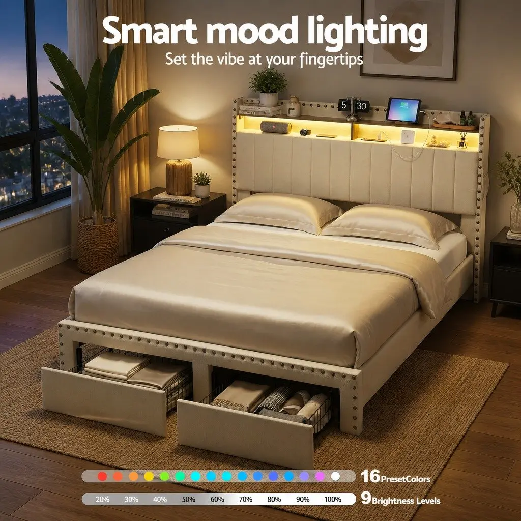 Queen Bed Frame with Storage and Comfort