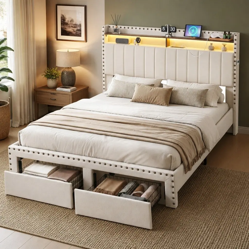 Queen Bed Frame with Storage and Comfort