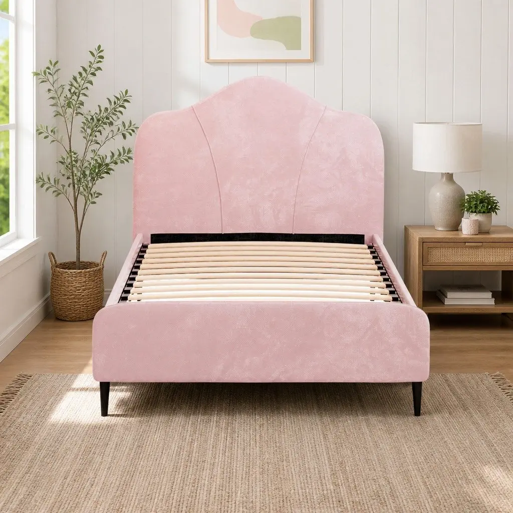 Pink Velvet Upholstered King Single Bed Frame Wooden Furniture with Padded Headboard and Solid Hardwood Construction