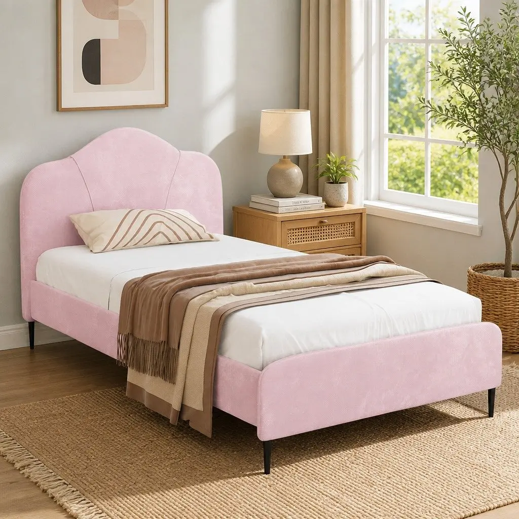 Pink Velvet Upholstered King Single Bed Frame Wooden Furniture with Padded Headboard and Solid Hardwood Construction