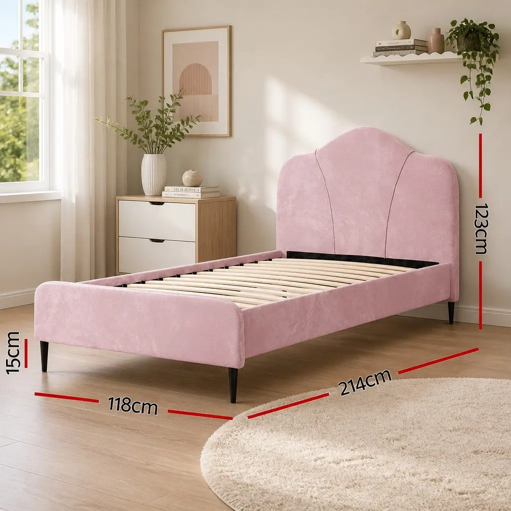 Pink Velvet Upholstered King Single Bed Frame Wooden Furniture with Padded Headboard and Solid Hardwood Construction