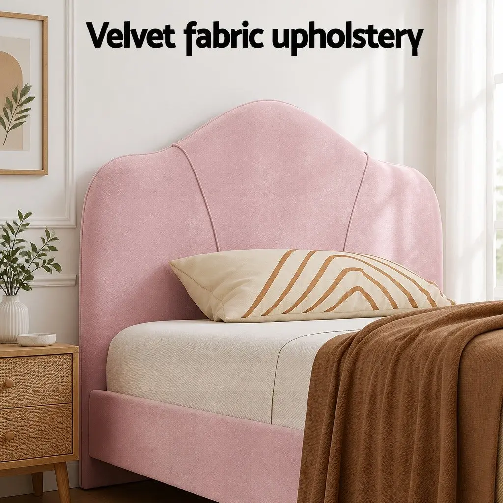 Pink Velvet Upholstered King Single Bed Frame Wooden Furniture with Padded Headboard and Solid Hardwood Construction