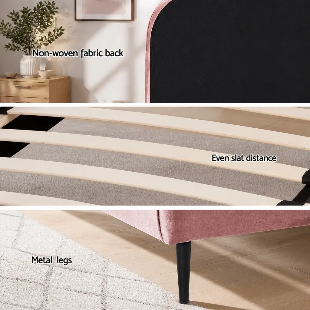 Pink Velvet Upholstered King Single Bed Frame Wooden Furniture with Padded Headboard and Solid Hardwood Construction
