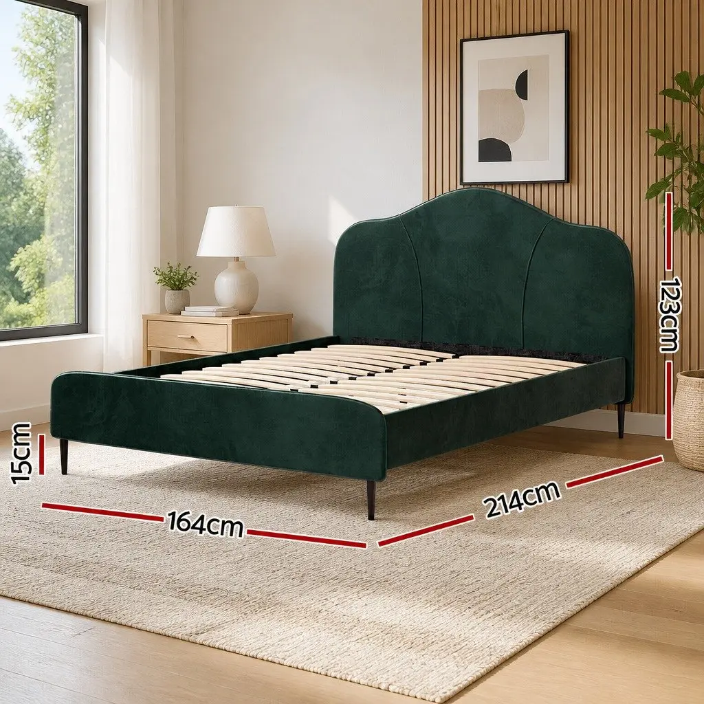 Queen Size Bed Frame Dark Green Velvet Upholstered Wooden Slat Support