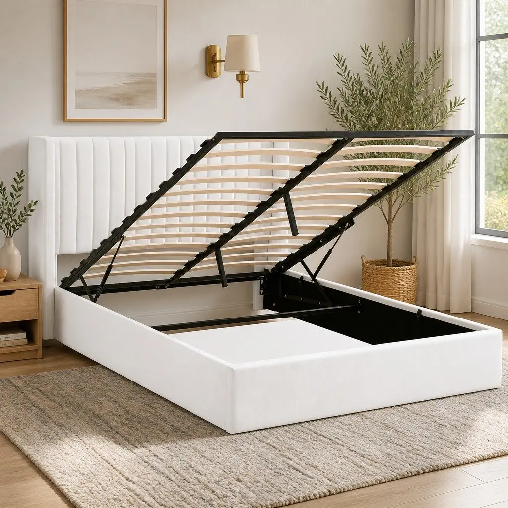 Double Bed Frame with Gaslift Storage USB Type-C Charging Ports Velvet White