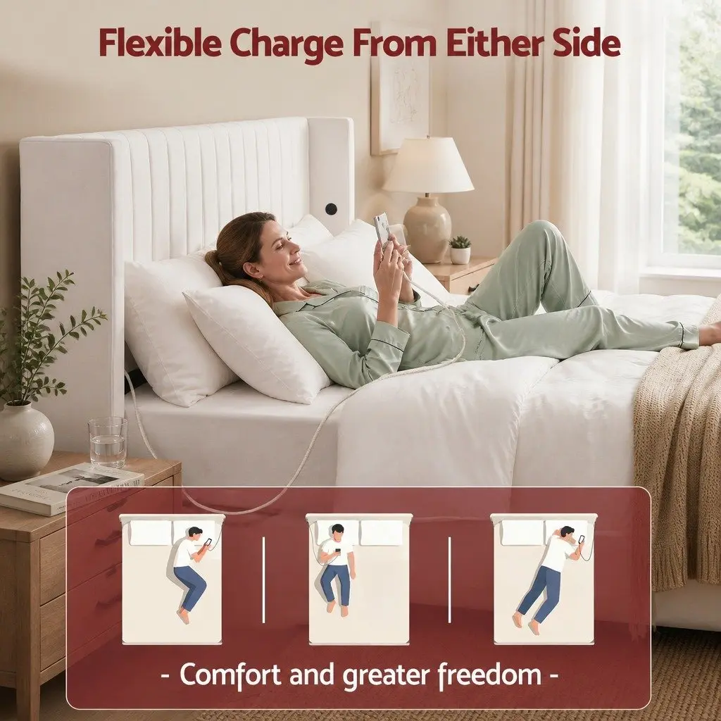 Double Bed Frame with Gaslift Storage USB Type-C Charging Ports Velvet White